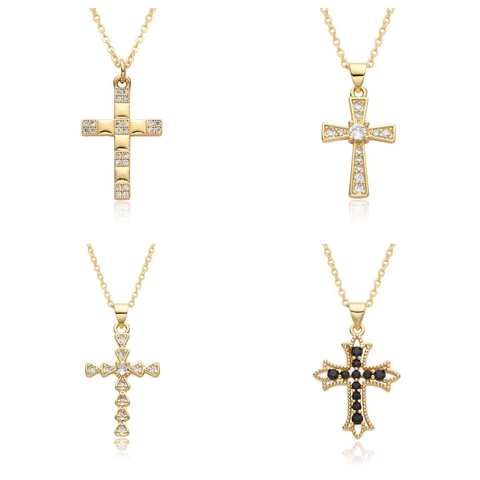 Élégant Collier Pendentif Croix en Cuivre Plaqué Or pour Femmes Avec Strass Incrustés Bijoux Religieux Chaîne de Pull Minimaliste