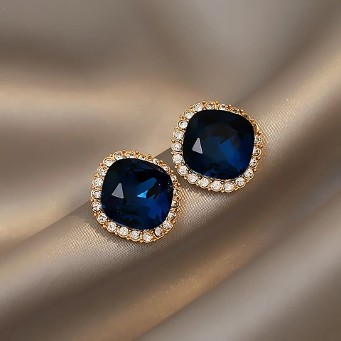 Square Blue Crystal Stud Earrings With Rhinestones And Silver Earring Post Vintage Style Geometric Jewelry For Women
