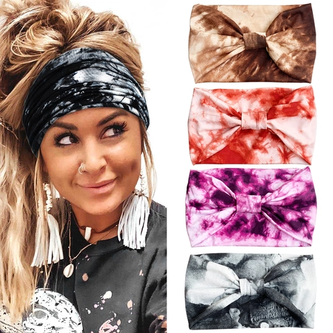 Tie Dye Wide Headbands For Women Elastic Cotton Sports Yoga Sweatband Hair Band Bow Knot Headwrap