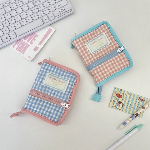 Korean Style Mini Binder Journal Cover Quilted Cotton Plaid 6-Hole Loose-Leaf Storage Book Zipper Closure Planner