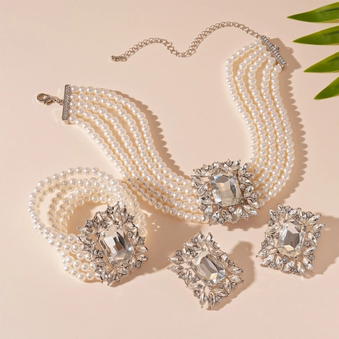 Baroque Multi Layer Artificial Pearl Necklace Crystal Bracelet And Earrings With Silver Earring Post For Women Vintage Court Style