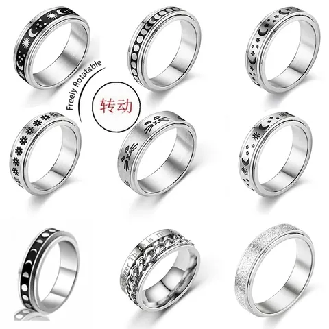 Stainless Steel Spinner Ring Stress Relief Fidget Jewelry Celestial Moon Star Sun Pattern Anxiety Band For Women Men