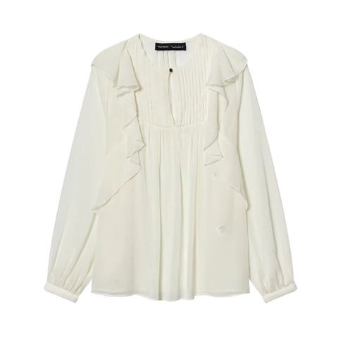 Elegante Damen Langarm Chiffon Bluse Rüschenbesatz Plissee Weiß Büro Dame Vintage Französischer Stil Shirt Top
