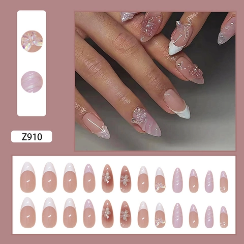 Uñas Postizas French Tip Con Decoración De Flores Y Mariposas 3D Forma Almendra Uñas Artificiales Largas Lujo Mujeres
