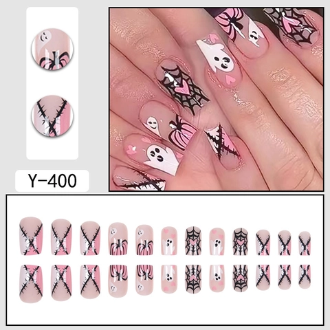 Halloween Press On Nails Pink Black Ghost Spider Web Heart Pattern Long Square Artificial Nails Glossy