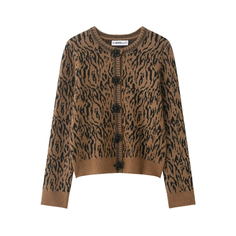 Women Leopard Print Knit Cardigan Round Neck Long Sleeve Button Down Sweater Top With Decorative Flowers