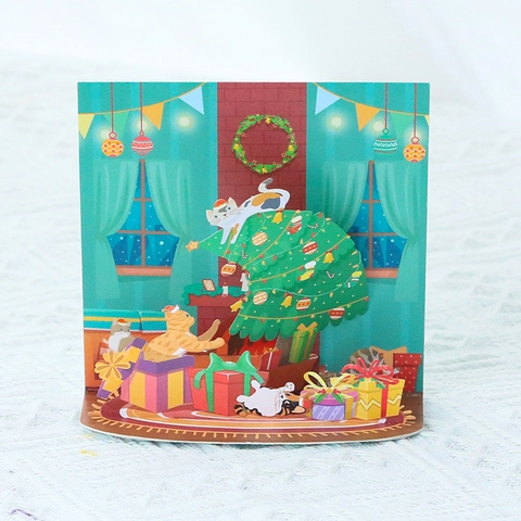 Weihnachts Katze 3D Pop-Up Grußkarte Lasergeschnittenes Papier Feiertagssegen Nachricht Postkarte Desktop Deko Geschenk