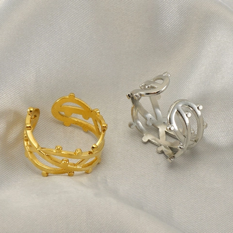 Anillo De Acero Inoxidable Vid Entrelazada Hueca Abierto Ajustable Con Cuentas Joyería De Moda Para Mujeres