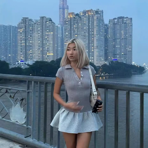 Short Sleeve Polo Mini Dress Ribbed Knit Button Up Pleated Hem Preppy Slim Fit Casual Grey