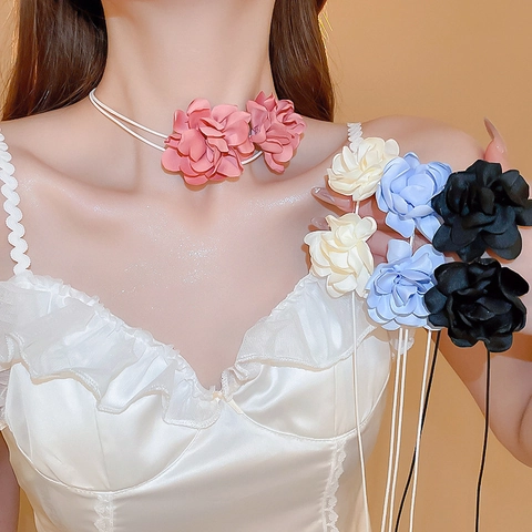 Elegantes Pendientes De Botón De Flor De Tela De Satén Con 925 Sterling Silver Earring Post Y Collar Gargantilla Para Mujer Vacaciones