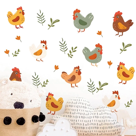 Cartoon Rooster Chicken Wall Stickers PVC Self Adhesive Farmhouse Style For Children Room Nursery Bedroom Home Decor
