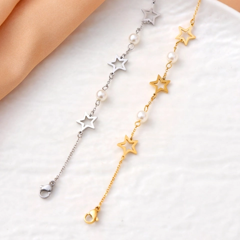 Stainless Steel Bracelet With Hollow Star Pendants Zircon And Artificial Pearls Korean Style Simple Elegant Fashion Jewelry For Women