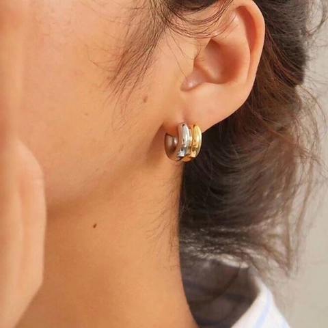 Edelstahl C-Förmige Creolen Zweifarbig Gold Silber Minimalistischer Geometrischer Lagenschmuck Für Damen