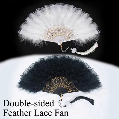 Vintage Feather Folding Hand Fan With Lace Tassel Gold Carved Bone Elegant Decorative Fan For Wedding Party Performance