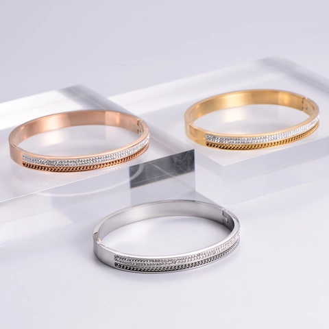 Bracciale Rigido Minimalista Con Strass Acciaio Inossidabile 316L Placcato Oro 18K Gioielli Eleganti Donna