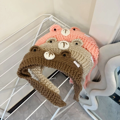 Gorro de Punto de Invierno para Niños con Protección de Oído Diseño de Oso Lindo Gorro de Acrílico para Bebés