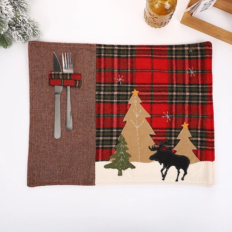 Christmas Placemat Plaid Faux Linen Table Mat With Cutlery Pocket Reindeer Embroidery Holiday Dining Decor