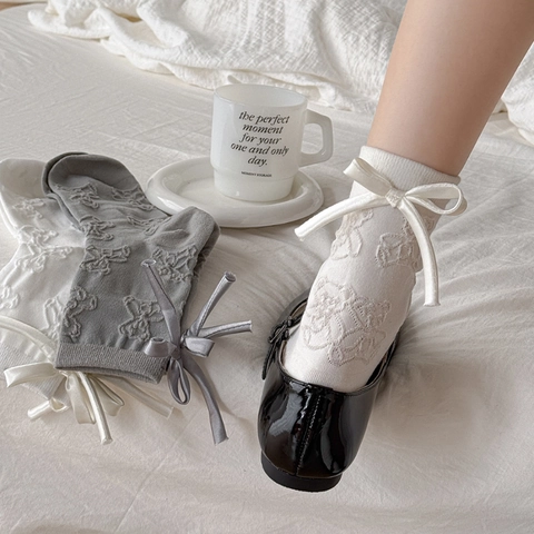 Calze Di Cotone Da Donna Con Jacquard Orso In Rilievo 3D E Fiocco In Raso Stile Giapponese Kawaii Traspirante