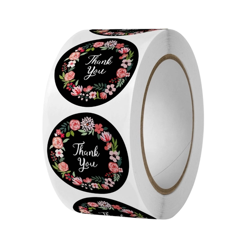 Floral Thank You Stickers Round Black Adhesive Seal Labels For Gift Packaging Wedding Party Bakery Envelope Decoration