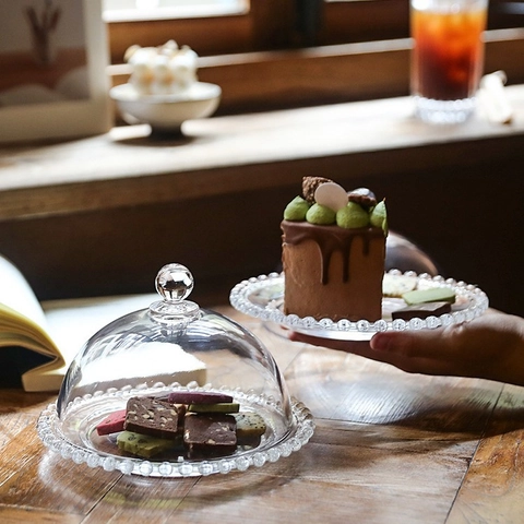 Présentoir À Gâteaux En Verre Transparent Avec Dôme Bord Perlé Assiette À Dessert Côtelée Plateau De Snack Décor Français