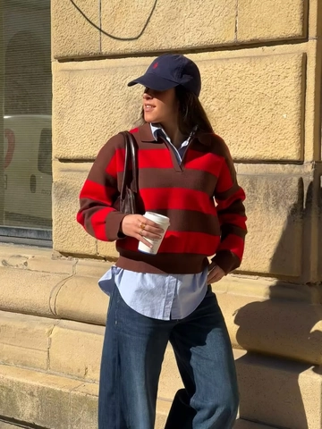 Women Contrast Stripe Knit Polo Sweater Long Sleeve Pullover Casual Preppy Style Fashion Striped Jumper Top