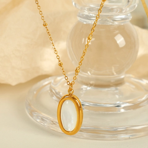 Collana Con Pendente In Madreperla Ovale Acciaio Inossidabile Placcato Oro Gioielli Eleganti Minimalisti Da Donna