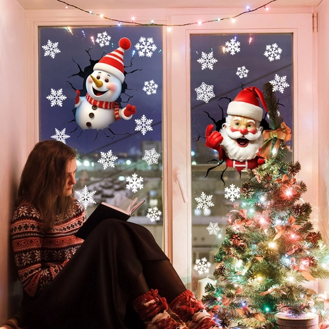 Pegatinas Ventana Navidad 3D PVC Estáticas Papá Noel Muñeco Nieve Copo Nieve Impresión Doble Cara Impermeable Decoración