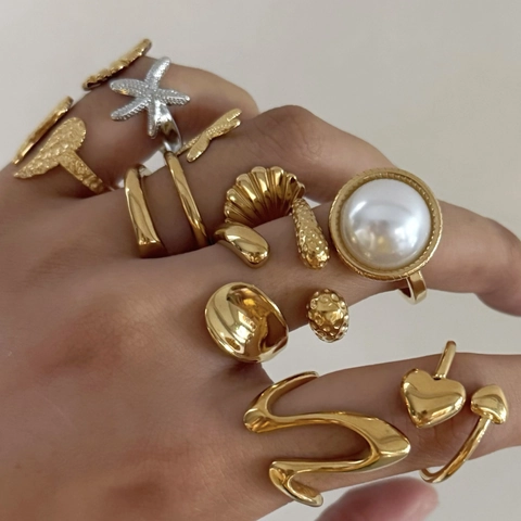 Adjustable Open Rings 316 Stainless Steel PVD Gold Plated Shell Starfish Artificial Pearl Geometric Fashion Jewelry For Women