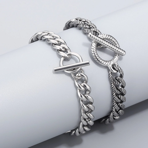 Men Cuban Chain Bracelet 316L Stainless Steel Retro Striped Polished Minimalist Jewelry With Toggle Clasp