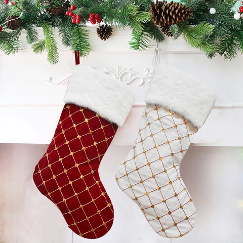 Christmas Stockings Quilted Diamond Pattern With Gold Sequins And Faux Fur Cuff Fireplace Hanging Decor Holiday Gift Bag