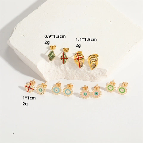 Vintage Copper Gear Evil Eye Stud Earrings For Women Colorful Enamel Zirconia Inlaid Lolita Style Light Luxury Jewelry Gift