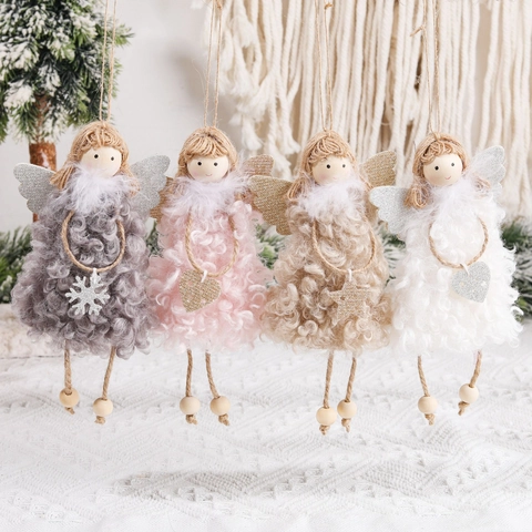 Christmas Angel Pendants Plush Faux Wool Wood Beads Jute Hanging Ornaments For Tree Decoration Nordic Style Festive Decor