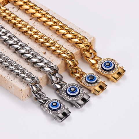 Collana con Pendente Malocchio in Acciaio Inossidabile Uomo Oro Argento Galvanizzato Catena Maglia Cubana Bracciale Hip Hop Gioielli Strass