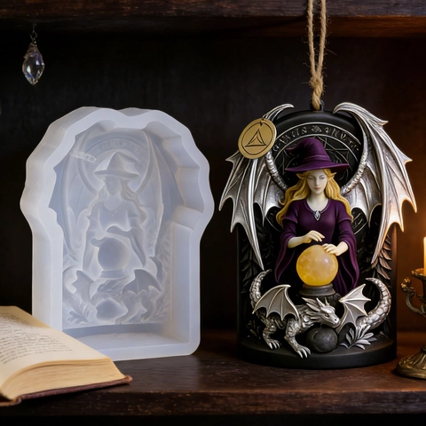 Molde De Silicona De Bruja Y Dragón 3D En Relieve Para Hacer Velas Resina Jabón DIY Ornamento Estilo Fantasía Gótica
