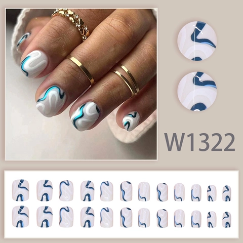 Unghie Finte Press On Bianco Blu Motivo Astratto Ondulato Corte Tonde Quadrate Lucide Per Donne
