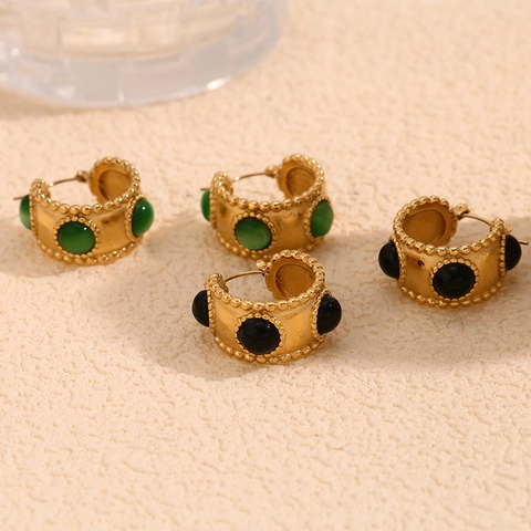 Vintage C Shape Hoop Earrings 18K Gold Plated Stainless Steel With Natural Stone Agate Bead Edge Geometric For Women