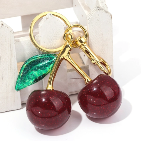 Cherry Keychain Glitter Resin Fruit Design Bag Charm Alloy Lobster Clasp Women Car Key Decoration Cute Fashionable