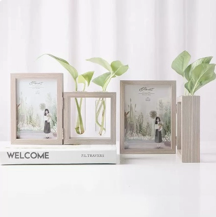 Nordic Foldable Wood Grain Photo Frame With Glass Hydroponic Test Tube Vases Desktop Ornament Home Decor