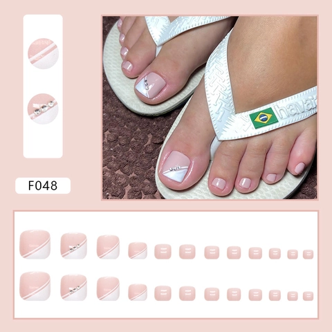 Unghie Finte Per Piedi Stile Francese Bianco Rosa Diagonale Decorazione Strass Quadrate Arrotondate Artificiali Per Donne