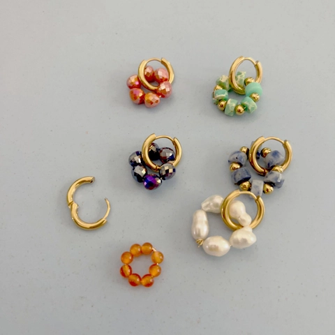 Pendientes Aro Con Cuentas Acero Inoxidable Bañado Oro 18K Piedra Natural Perla Agua Dulce Hecho Mano Moda Minimalista Mujer