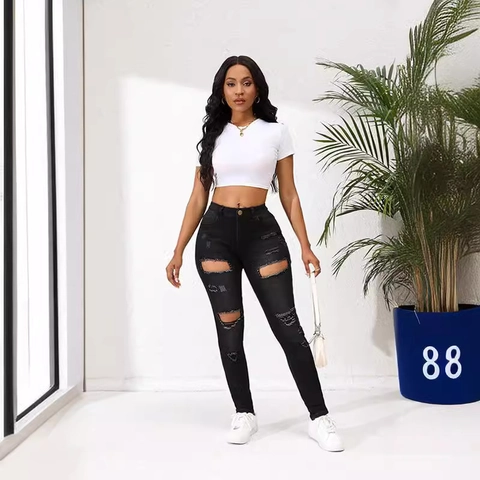 Jeans Skinny Strappati Donna Alta Elasticità Distressed Nero Slim Fit Denim Pantaloni Lunghi Moda Streetwear