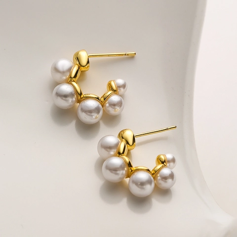 Pendientes De Aro En Forma De C Elegantes Para Mujer Cobre Bañado En Oro De 18K Imitación Perla Artificial Blanca Geométrico