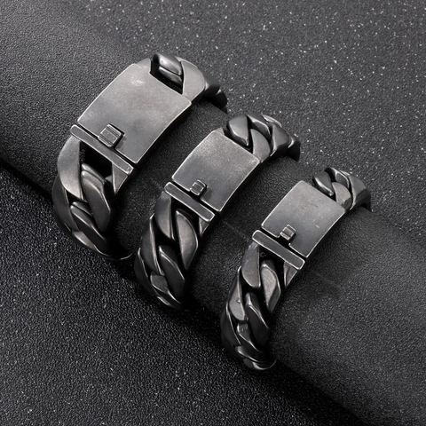 Bracciale Da Uomo Con Catena A Maglia Cubana In Acciaio Inossidabile 316L Nero Ossidato Spazzolato Opaco Punk Hip Hop