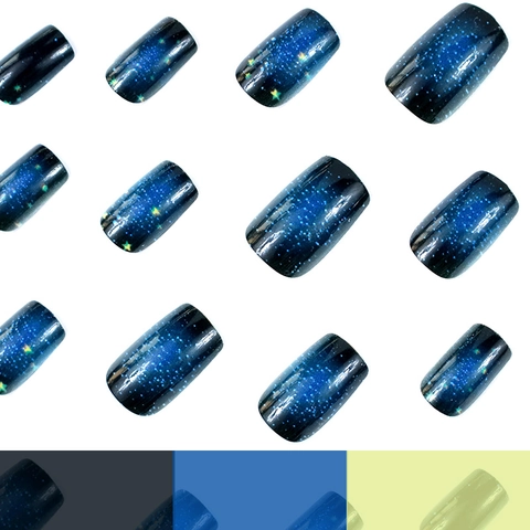 Blau Gradient Sternenhimmel Galaxie Design Künstliche Nägel Zum Aufkleben Mittel Quadratisch ABS Kunststoff Mit Glitzer