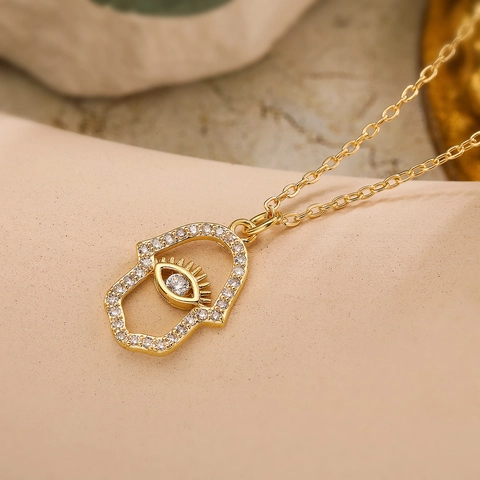 Hamsa Hand Böser Blick Anhänger Halskette Kupfer 18K Vergoldet Mit Zirkonia Trendige Schlüsselbeinkette Für Damen