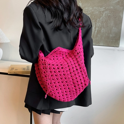 Borsa A Tracolla All'uncinetto Da Donna Cotone Intrecciato Grande Capacità Coulisse Fatta A Mano Vacanza Hobo