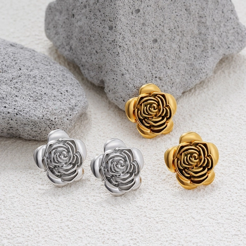 Vintage 18K Gold Plated Copper Rose Camellia Flower Stud Earrings With Stainless Steel Earring Post French Women Jewelry
