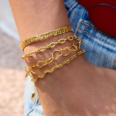 Pulsera De Acero Inoxidable Chapada En Oro Para Mujer Eslabon De Corazon Cadena De Cuerda Trenzada Joyeria Hipoalergenica