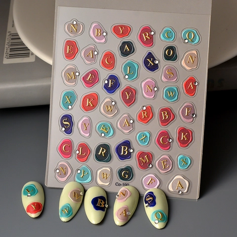 5D Embossed Nail Art Stickers Bronzing Gold Letters Design Self-Adhesive Waterproof Manicure DIY Decals With Rhinestones