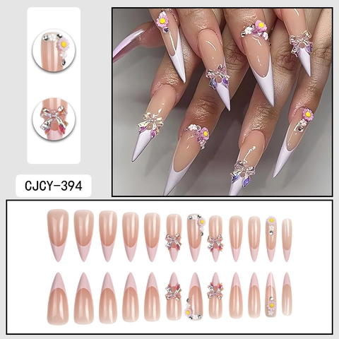 Press On Nagels Lange Stiletto Franse Witte Tip 3D Paarse Bloem Aurora Strik Strass Nude Roze Kunstnagels Voor Vrouwen